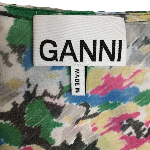 GANNI Pleated Georgette Midi Dress Puff Sleeves Smocked Floral Azure Blue NWT 4 - Picture 4 of 13